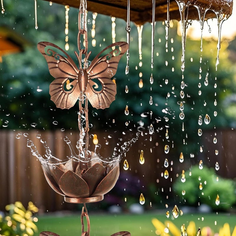 shumi 8.8ft Rain Chain for Gutters Downspouts Outside,Butterfly Rain Chain with 12 Copper Lotus Rain Chain Cups,Functional and Decorative Replacement for Gutter Downspouts - Image 2